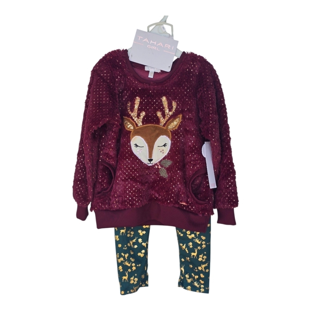 Tahari 2 Piece Set Outfit Sweater & Pants Girls 4T Green Red New